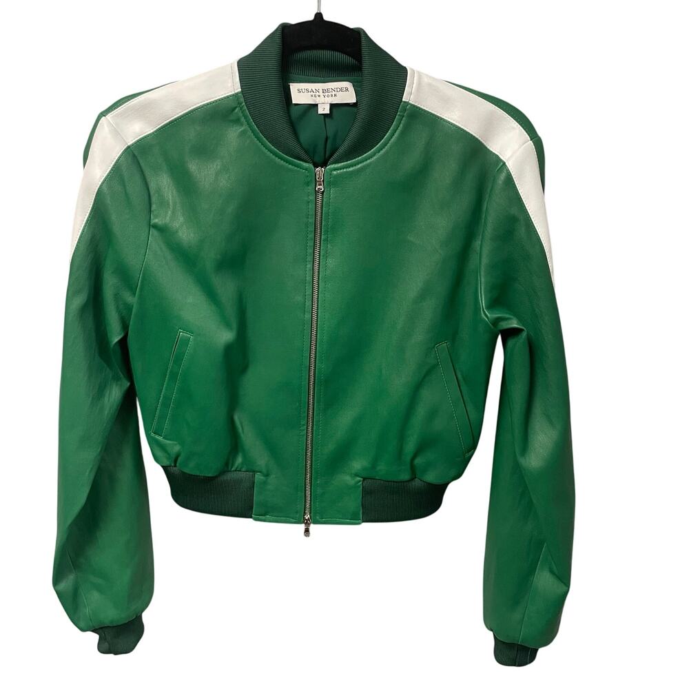 NWT Susan Bender Stretch Leather Stripe Long Sleeve Bomber Jacket Forest Green 2